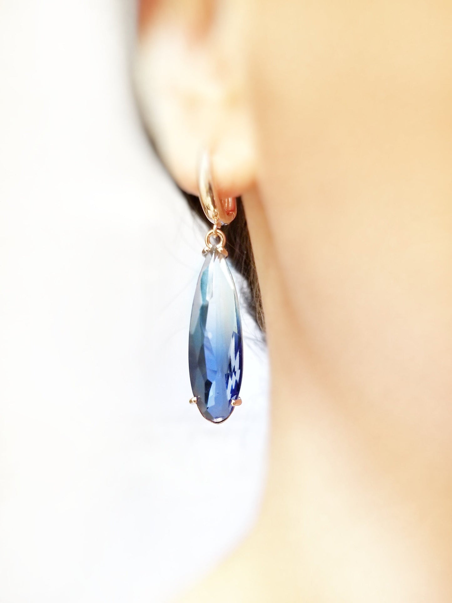 Large pear shaped gradient sapphire blue crystal dangling earring in 14K rose gold, gift for her, gift for mom