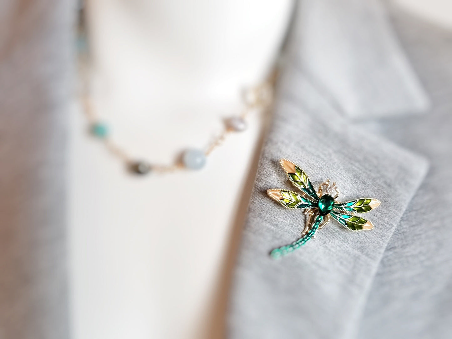 Emerald green crystal dragonfly gold brooch pendant with green/gold enameled wings, gift for her, gift for mom