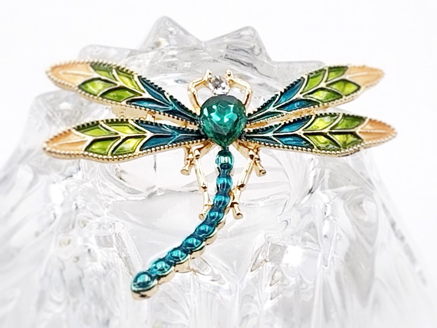 Emerald green crystal dragonfly gold brooch pendant with green/gold enameled wings, gift for her, gift for mom