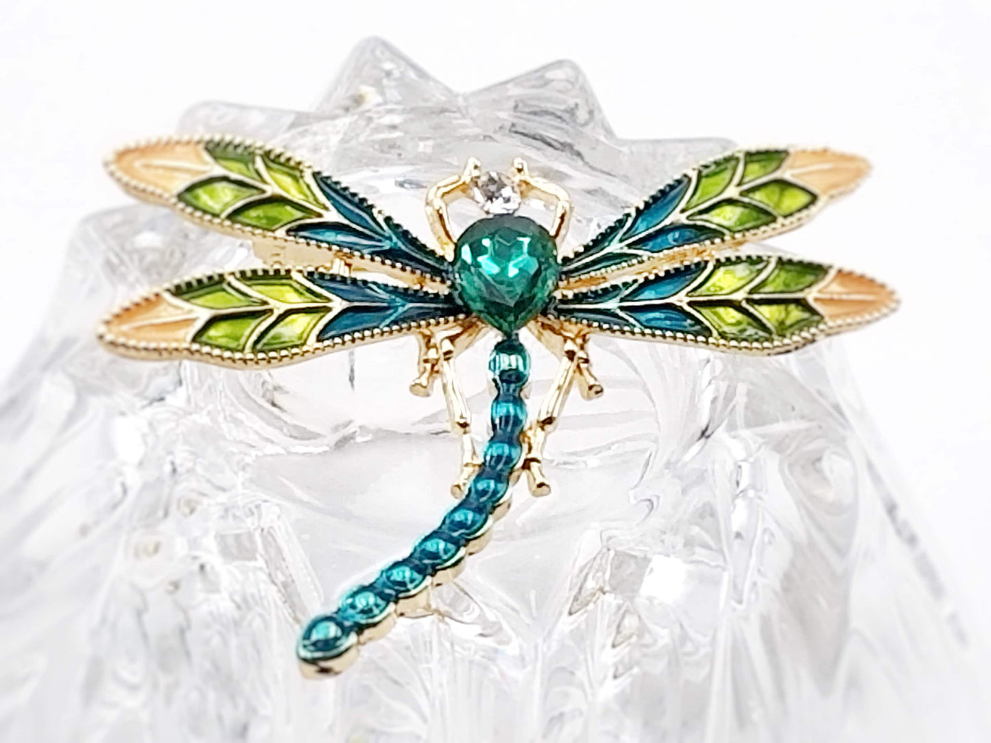 Emerald crystal dragonfly gold brooch pendant with green/gold enameled wings, gift for her, gift for mom