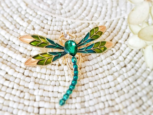 Emerald green crystal dragonfly gold brooch pendant with green/gold enameled wings, gift for her, gift for mom