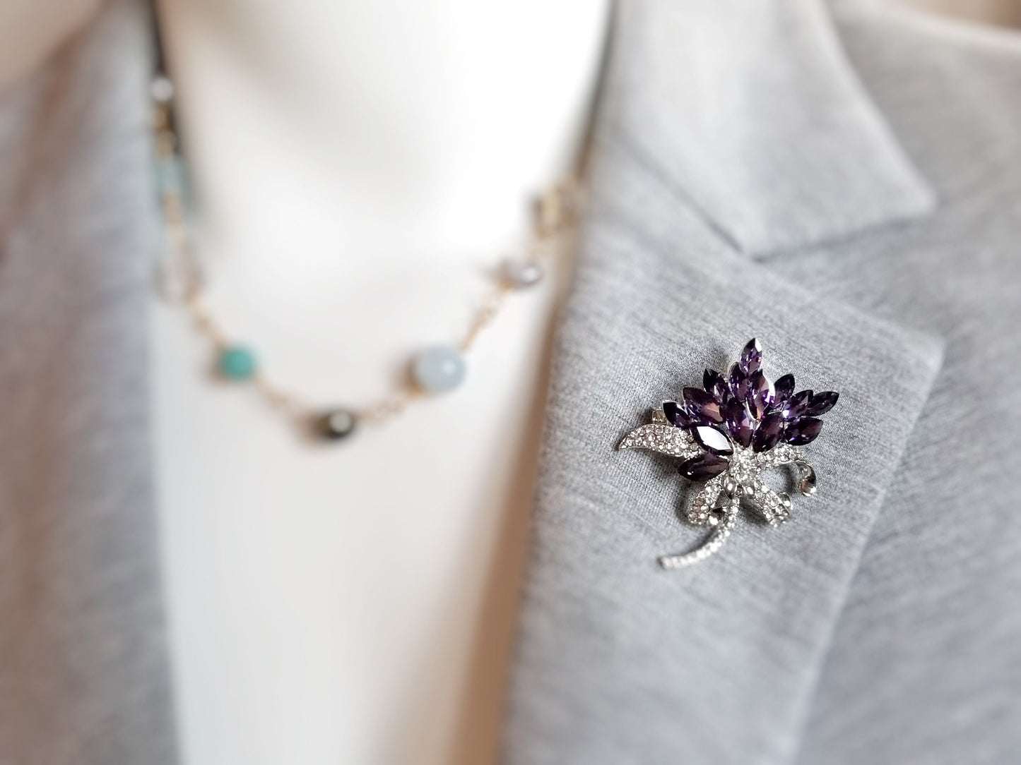 Amethyst crystal floral bouquet brooch in 18k white gold, gift for her, gift for mom