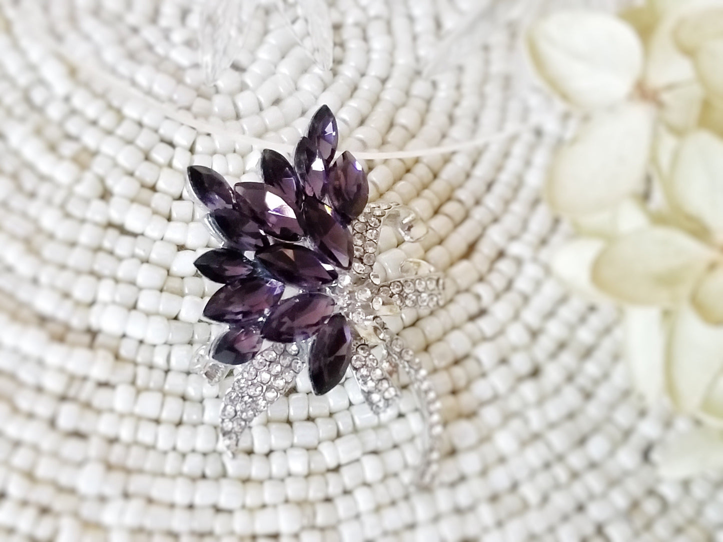 Amethyst crystal floral bouquet brooch in 18k white gold, gift for her, gift for mom