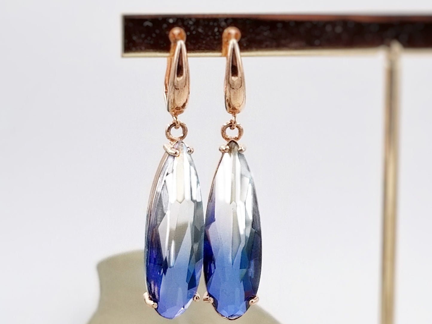 Large pear shaped gradient sapphire blue crystal dangling earring in 14K rose gold, gift for her, gift for mom