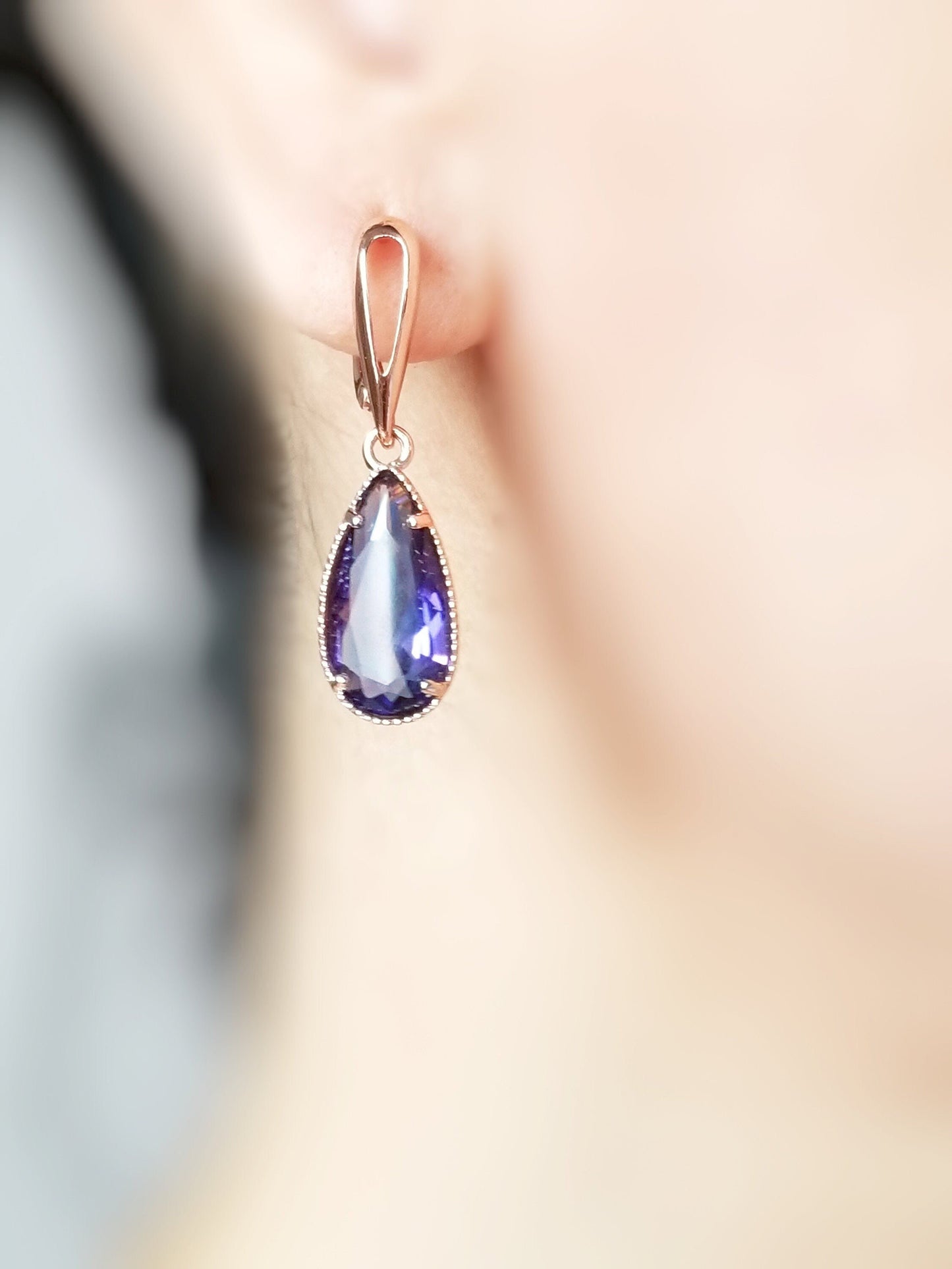 Pear shaped amethyst dangling earring in 14K rose gold, purple gemstone teardrop earrings, gift for her, gift for mom, February birthstones