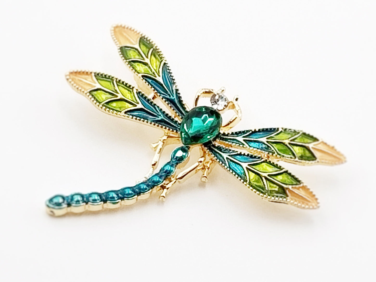 Emerald green crystal dragonfly gold brooch pendant with green/gold enameled wings, gift for her, gift for mom