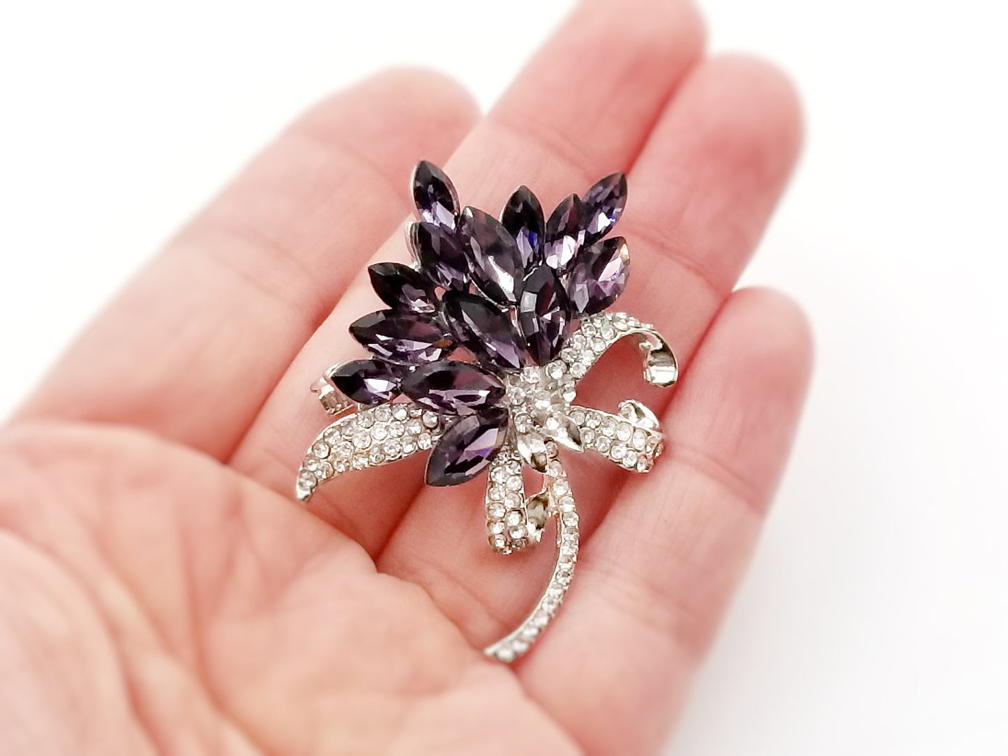 Amethyst crystal floral bouquet brooch in 18k white gold, gift for her, gift for mom