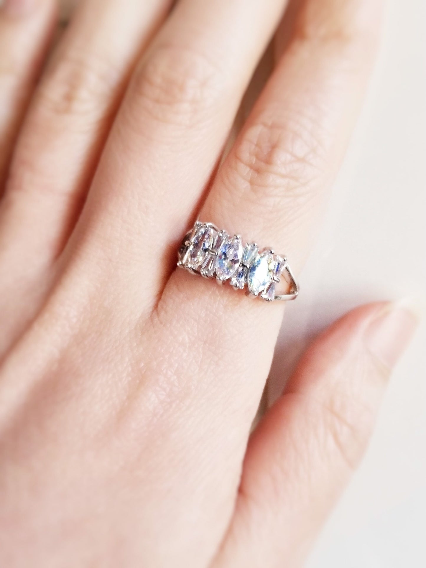 Marquise and baguette stone statement ring in 18k white gold, gift for her, gift for mom