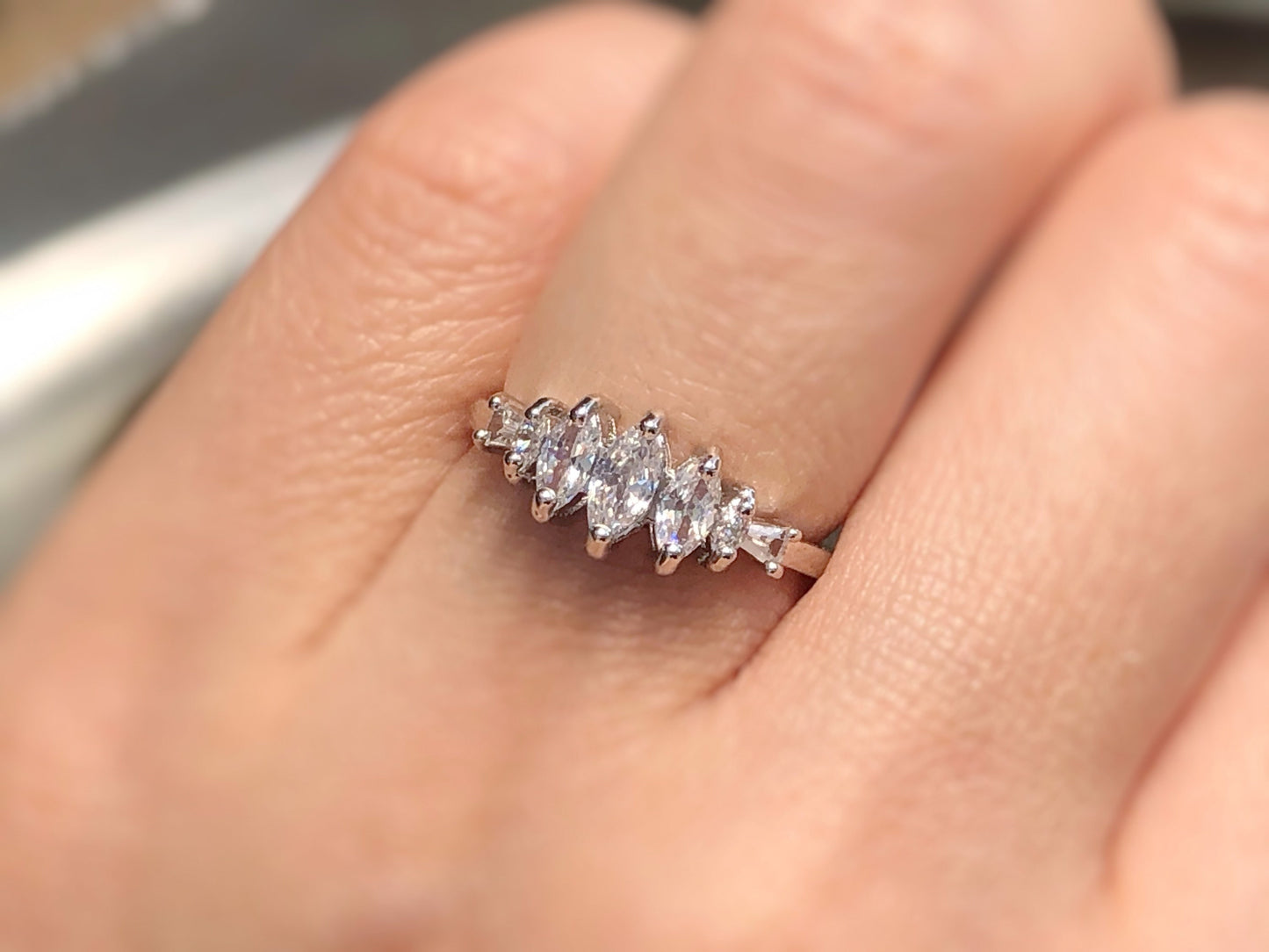 marquis cut 5 stone wedding ring  in 18k white gold, gift for her, gift for mom