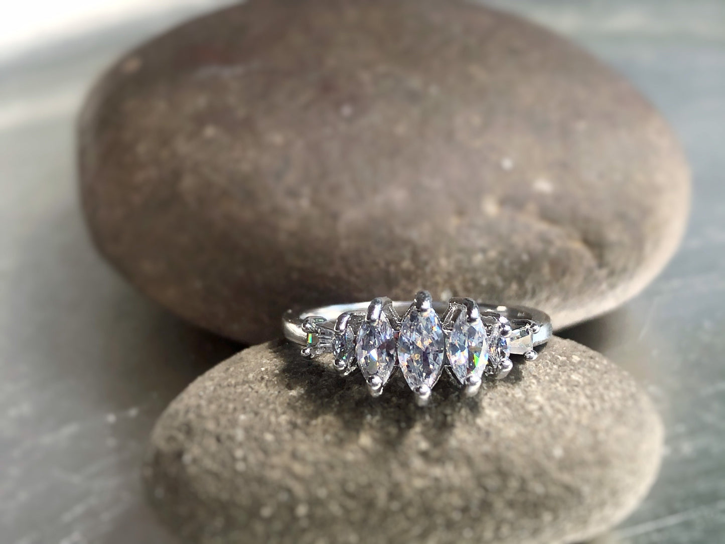 marquis cut 5 stone wedding ring  in 18k white gold, gift for her, gift for mom