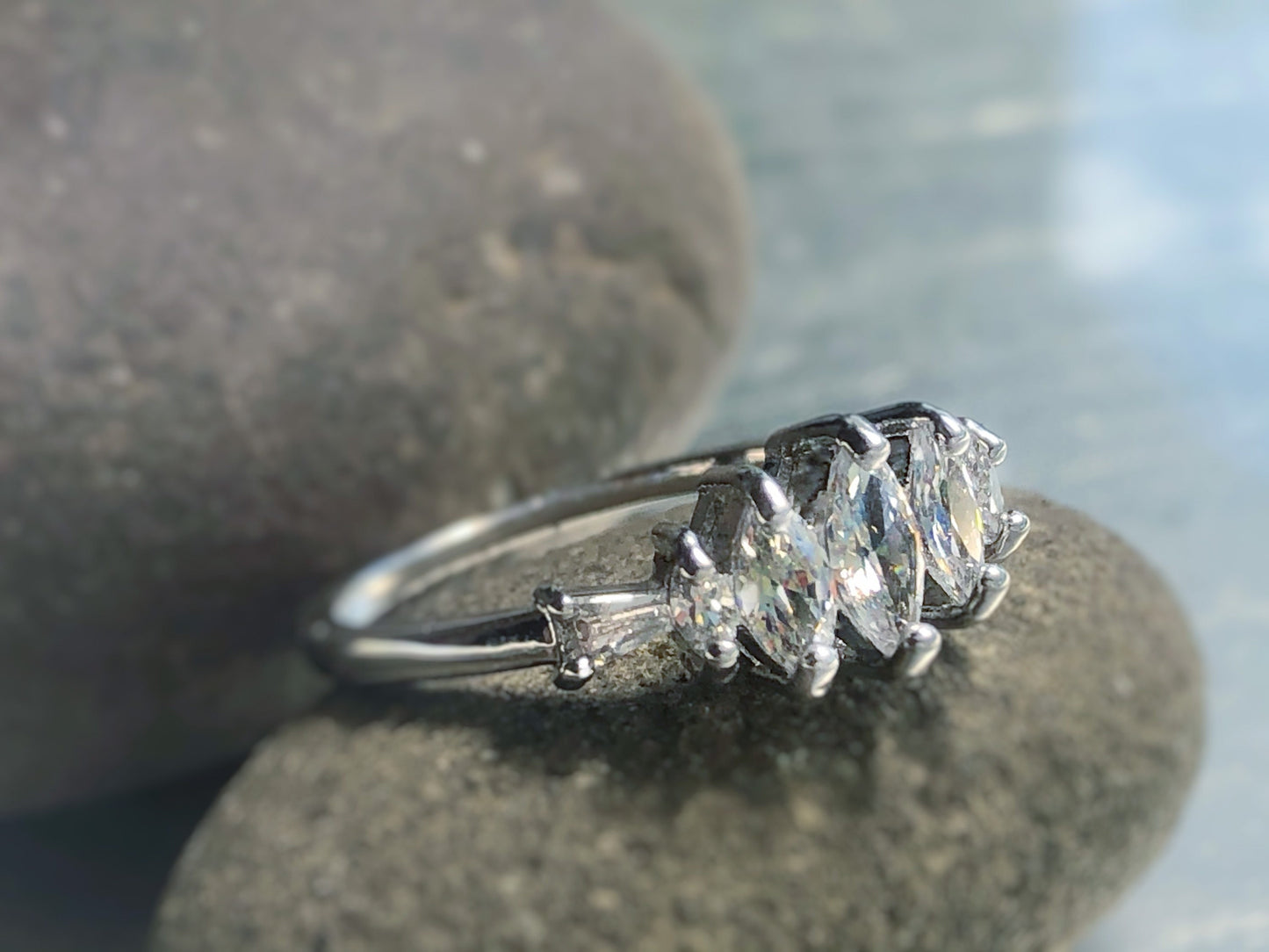 marquis cut 5 stone wedding ring  in 18k white gold, gift for her, gift for mom