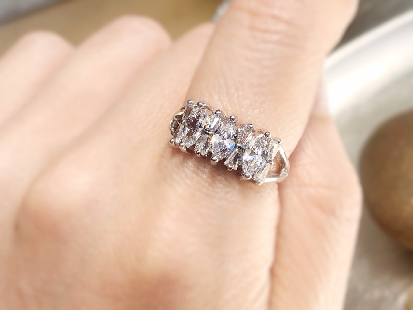 Marquise and baguette stone statement ring in 18k white gold, gift for her, gift for mom