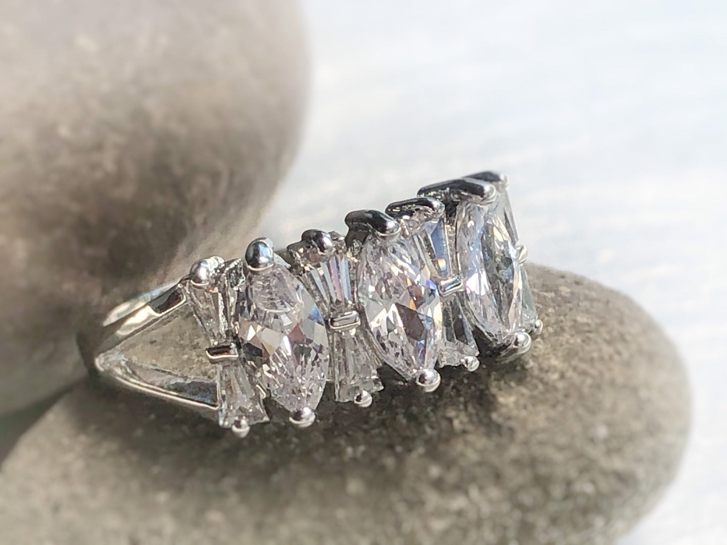 Marquise and baguette stone statement ring in 18k white gold, gift for her, gift for mom