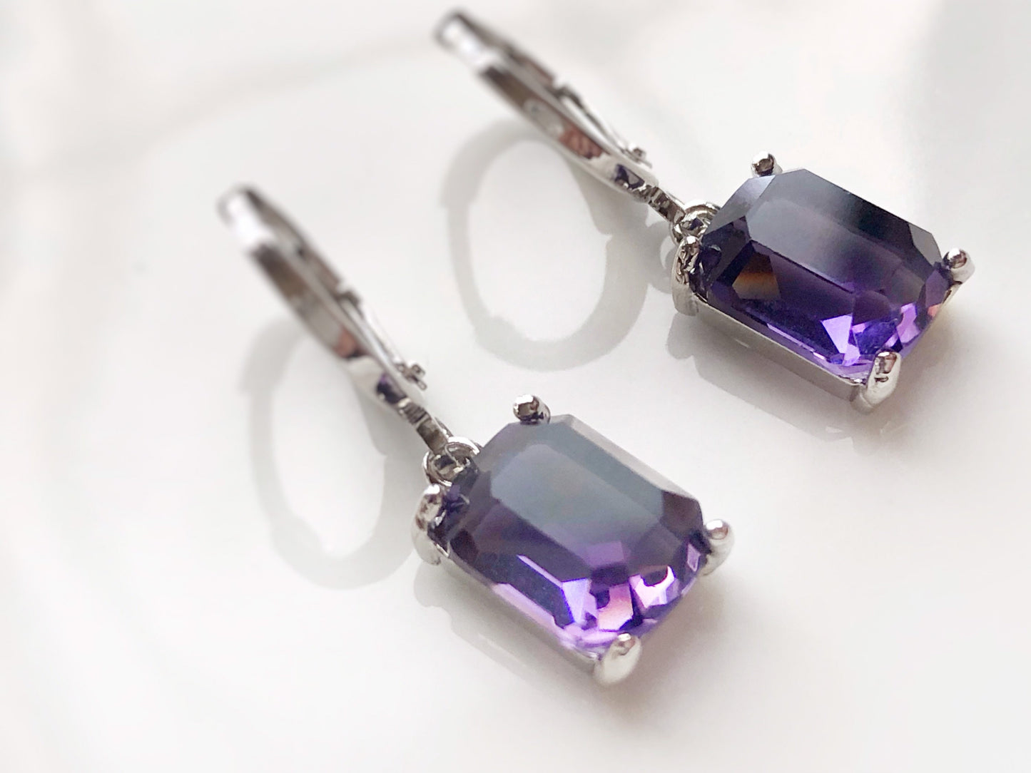 Small emerald cut amethyst dangle earrings, purple gemstone drop earrings, February birthstone, gift for women, gift for girls