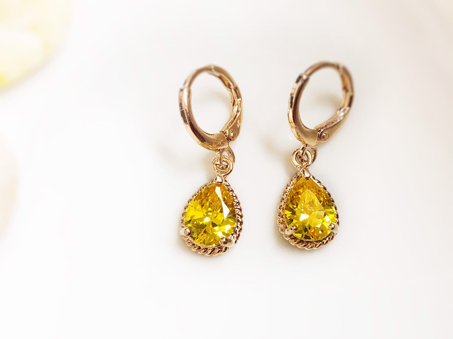 Citrine teardrop bezel dangle earrings white gold, small teardrop yellow gemstone earrings, gift for her, gift for mom, November birthstones