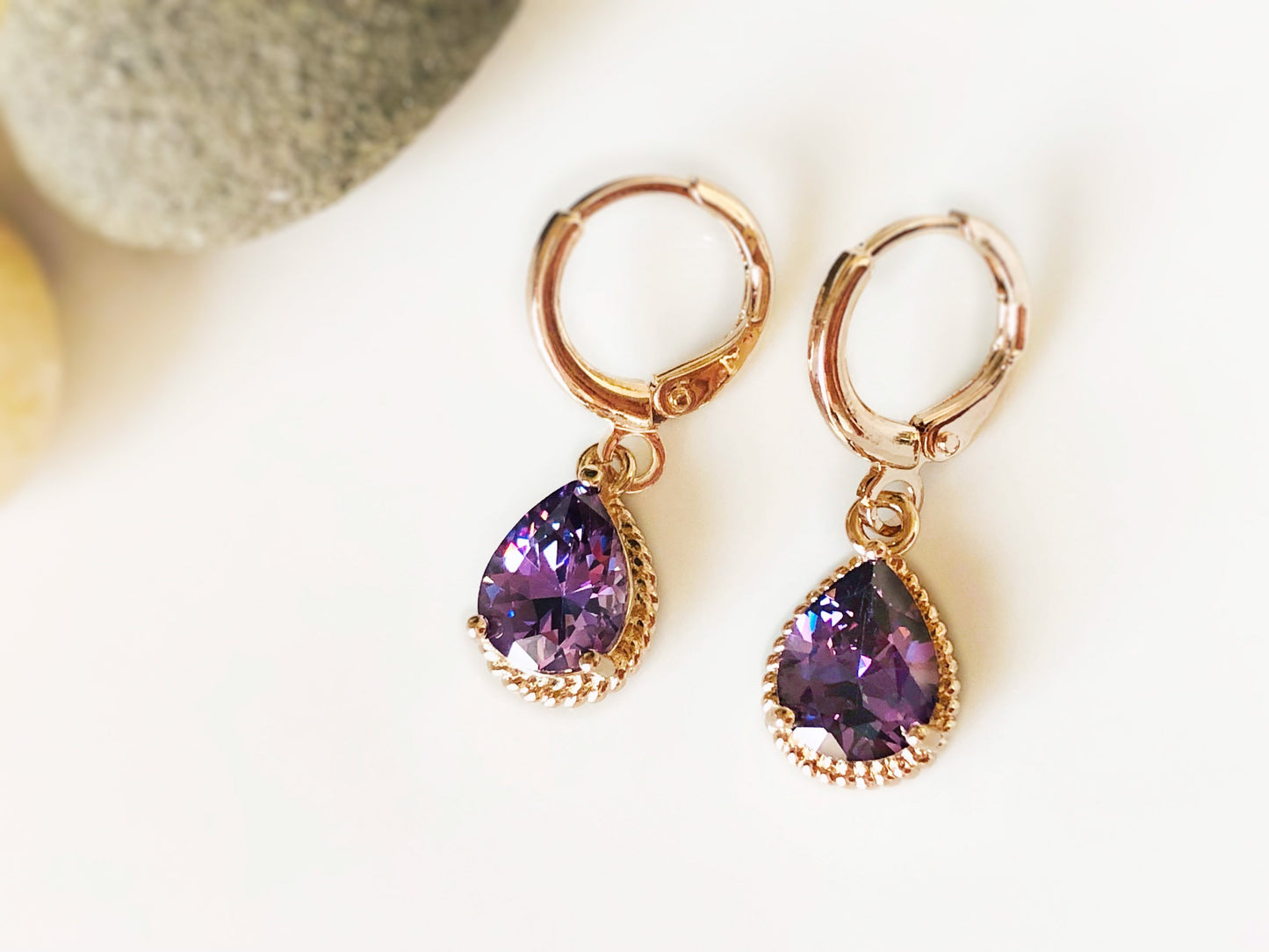 Amethyst gemstone huggie dangling earring, small purple bezel gemstone earrings, gift for her, gift for girls, February birthstones