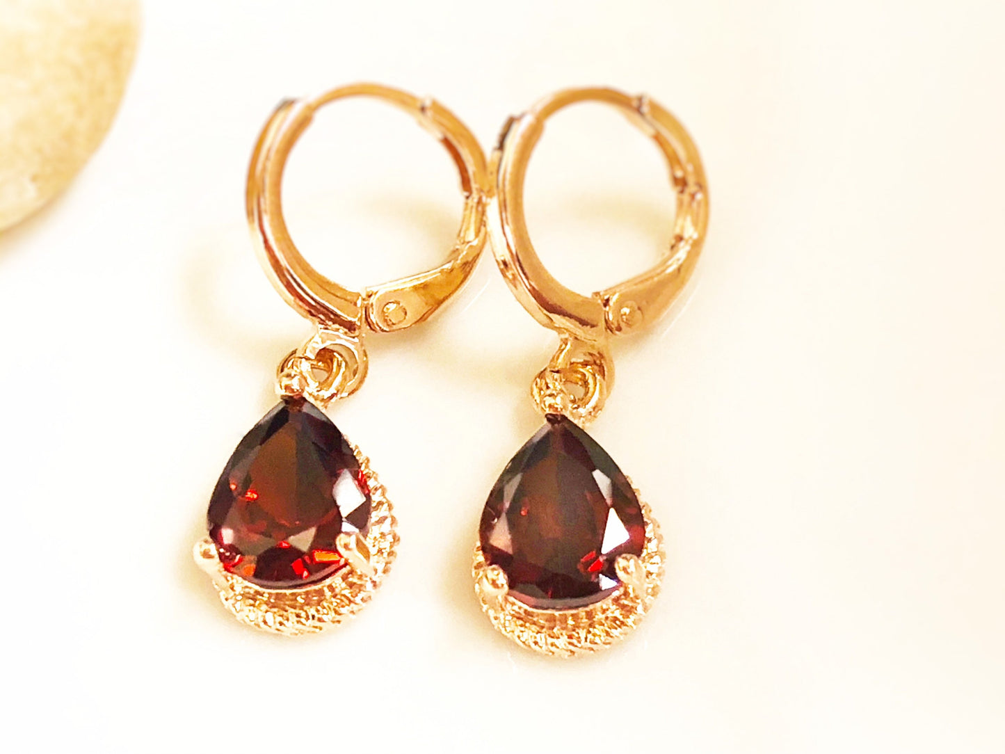 Garnet teardrop huggie dangle earrings 18k white gold, red gemstone bezel earrings, gift for her, gift for daughter, January birthstone