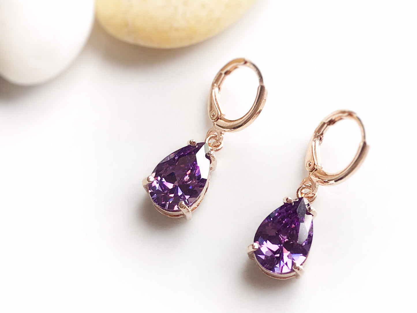 Amethyst gemstone huggie dangling earring in 14K rose gold, February birthstones, purple gemstone earrings, gift for her, gift for mom
