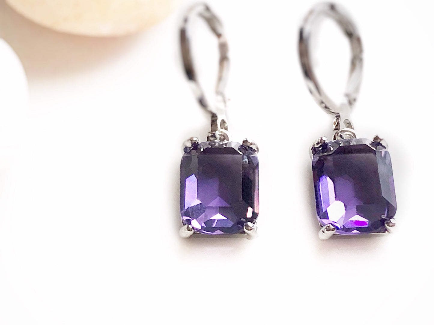 Small emerald cut amethyst dangle earrings, purple gemstone drop earrings, February birthstone, gift for women, gift for girls