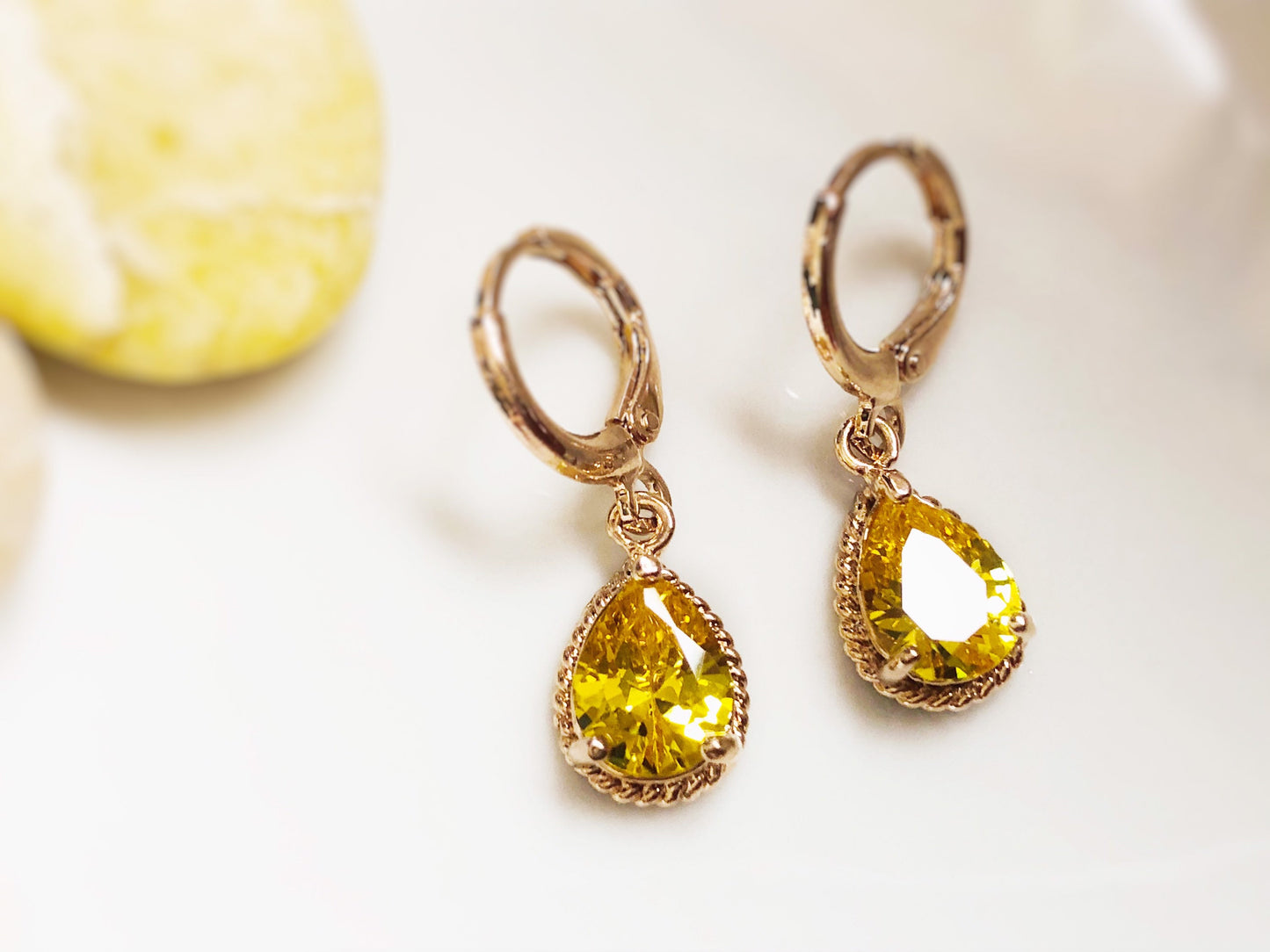 Citrine teardrop bezel dangle earrings rose gold, small teardrop yellow gemstone earrings, gift for her, gift for mom, November birthstones