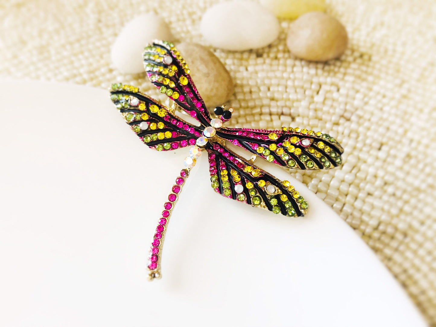 Multicolored dragonfly crystal brooch pin in gold, gift for her, gift for mom