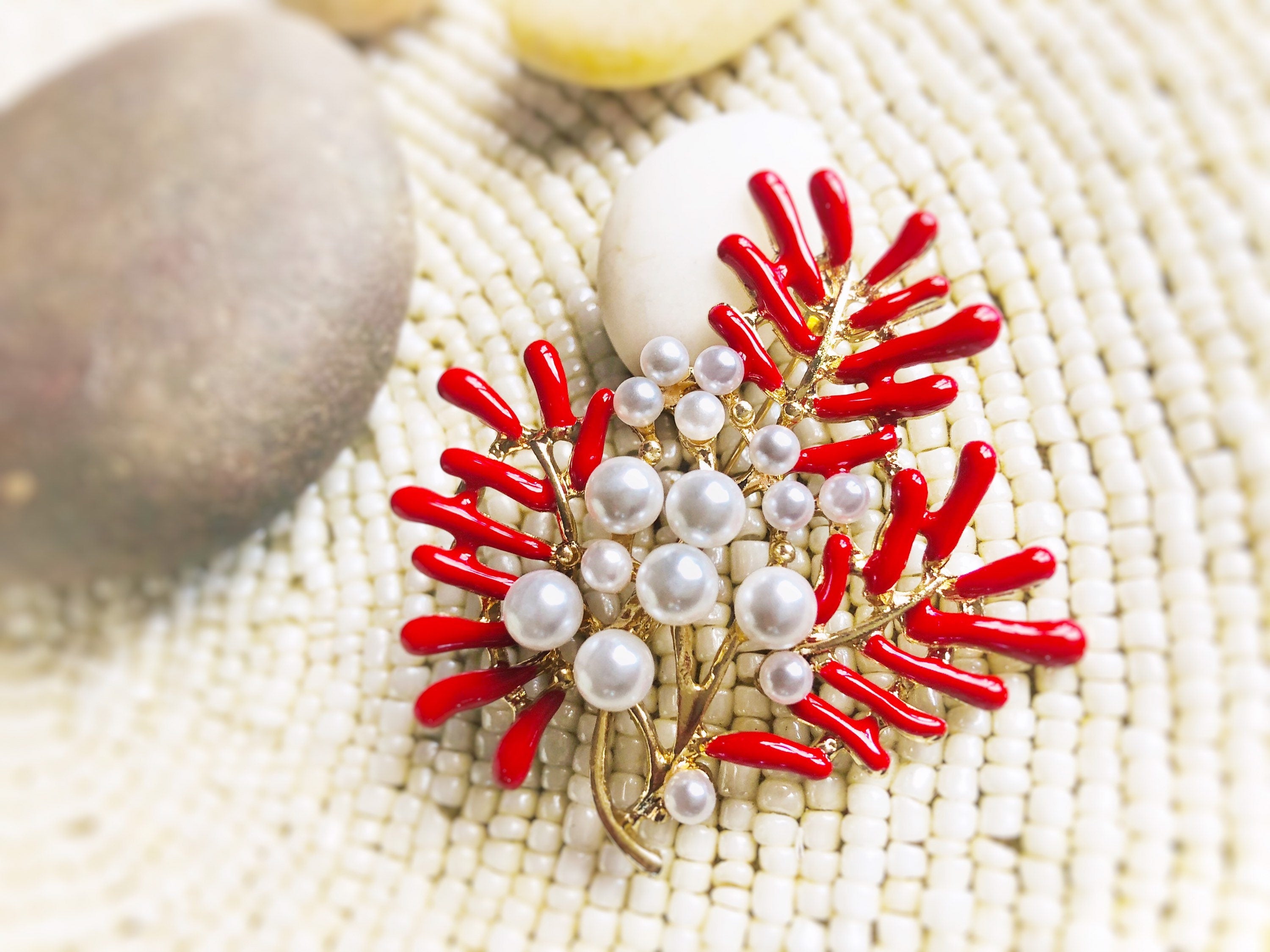 Red coral enameled and white pearls large brooch pin in 14K gold plate ...