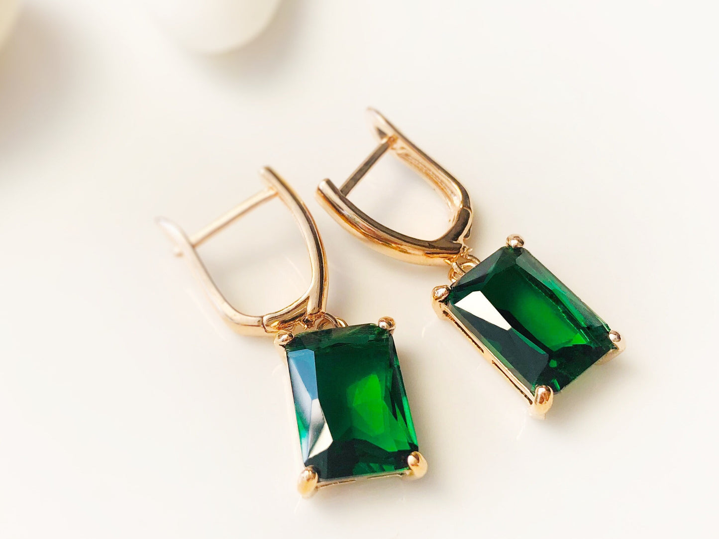 Large emerald cut emerald dangle earrings, May birthstone, green gemstone drop earrings, gift for her, gift for mom