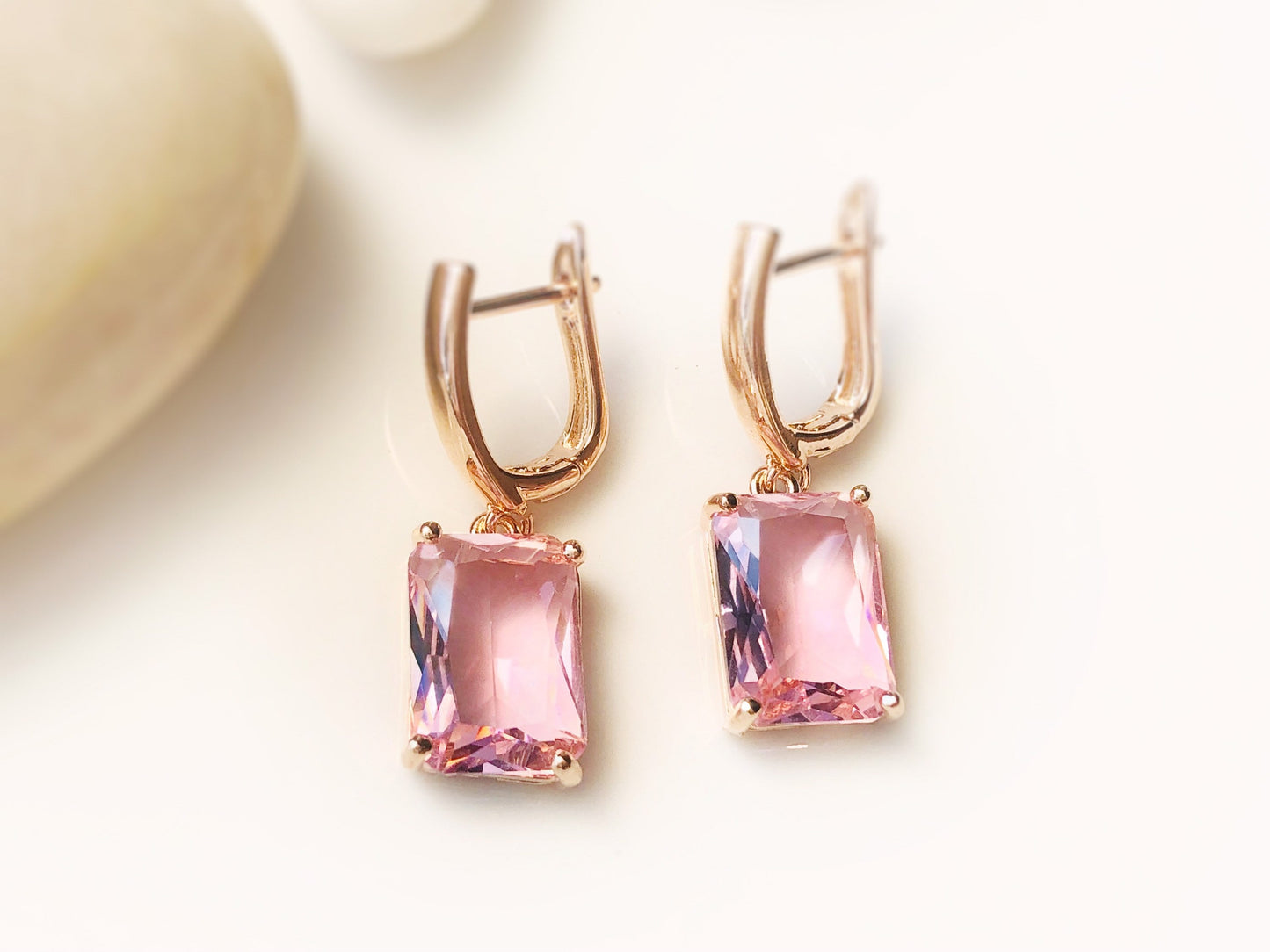 Large emerald cut pink sapphire dangling earring in 14K rose gold, October birthstone, pink gemstone earrings, gift for mom, gift for her