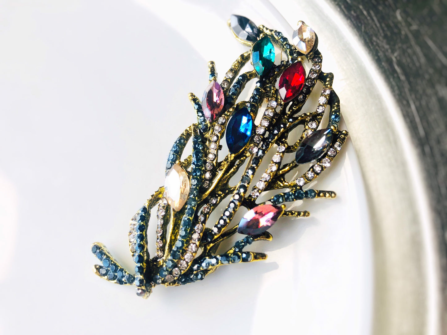 Large rainbow crystal feather brooch antique gold, large multicolored crystal statement brooch pin, gift for her, gift for mom