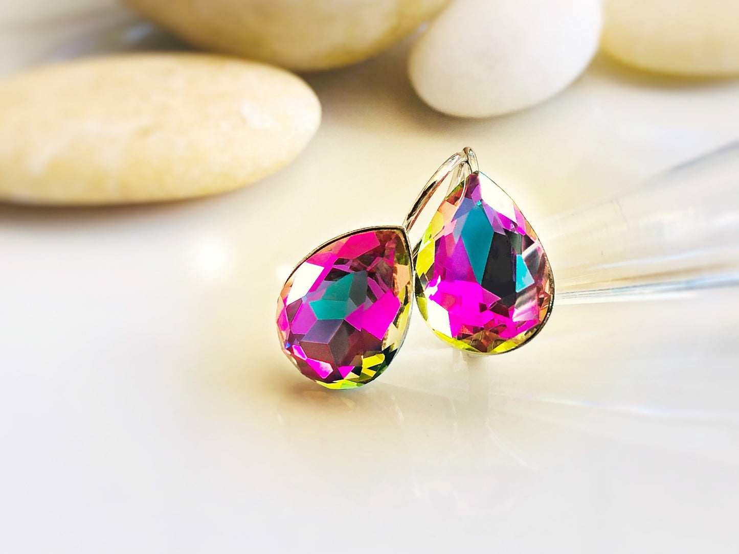 Pink green Fancy crystal Stud earrings, solitaire lever back studs, fancy crystal teardrop, gift for mom, bridal earrings