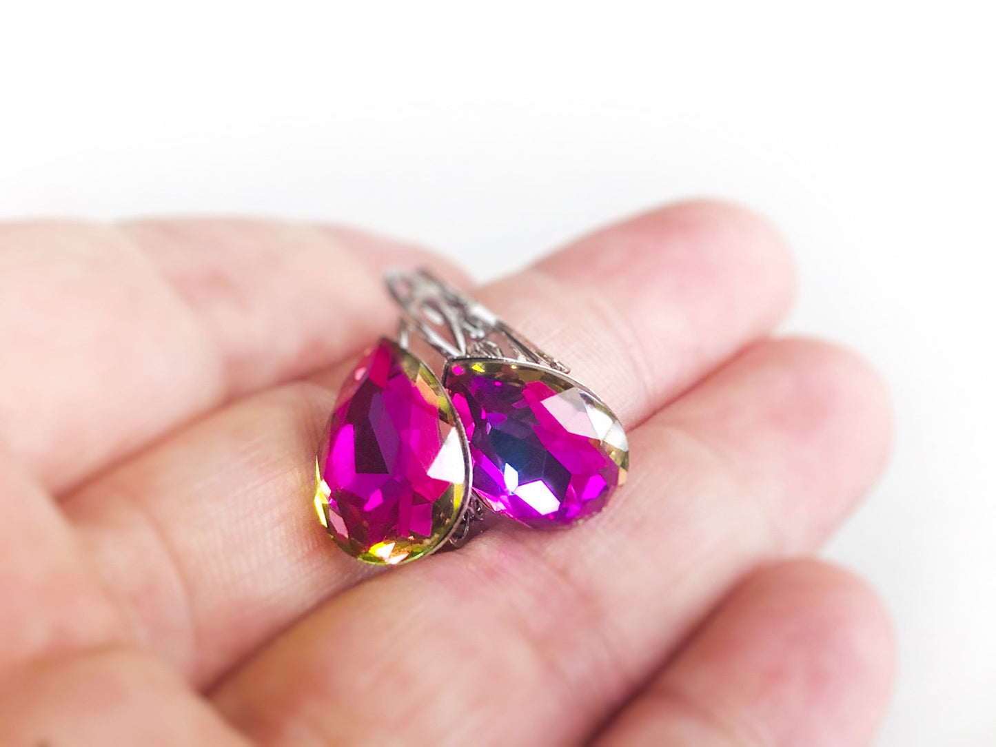 Pink green Fancy crystal Stud earrings, solitaire lever back studs, fancy crystal teardrop, gift for mom, bridal earrings