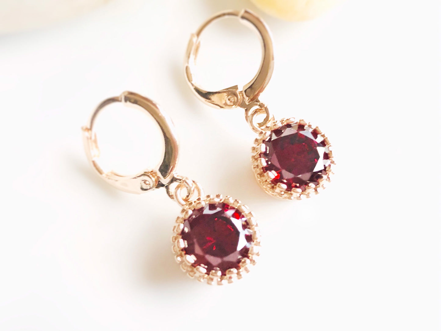 Garnet 8mm round dangle earrings, small red bezel gemstone huggie earrings, gift for her, gift for daughter, January birthstone