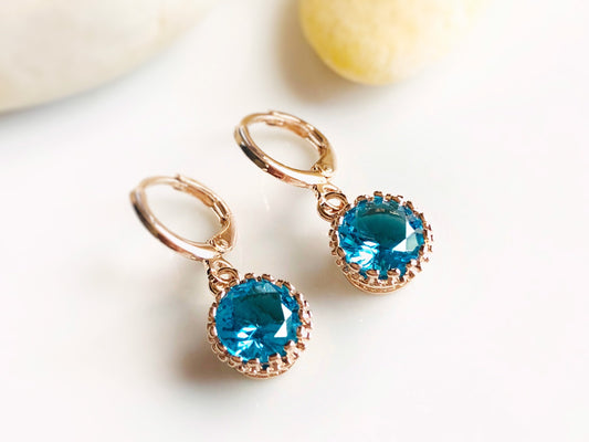 Blue topaz 8mm bezel dangle earrings, blue gemstone drop earrings, gift for her, gift for daughter, December birthstone earrings