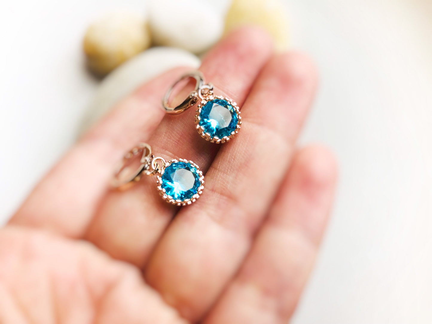 Blue topaz 8mm bezel dangle earrings, blue gemstone drop earrings, gift for her, gift for daughter, December birthstone earrings