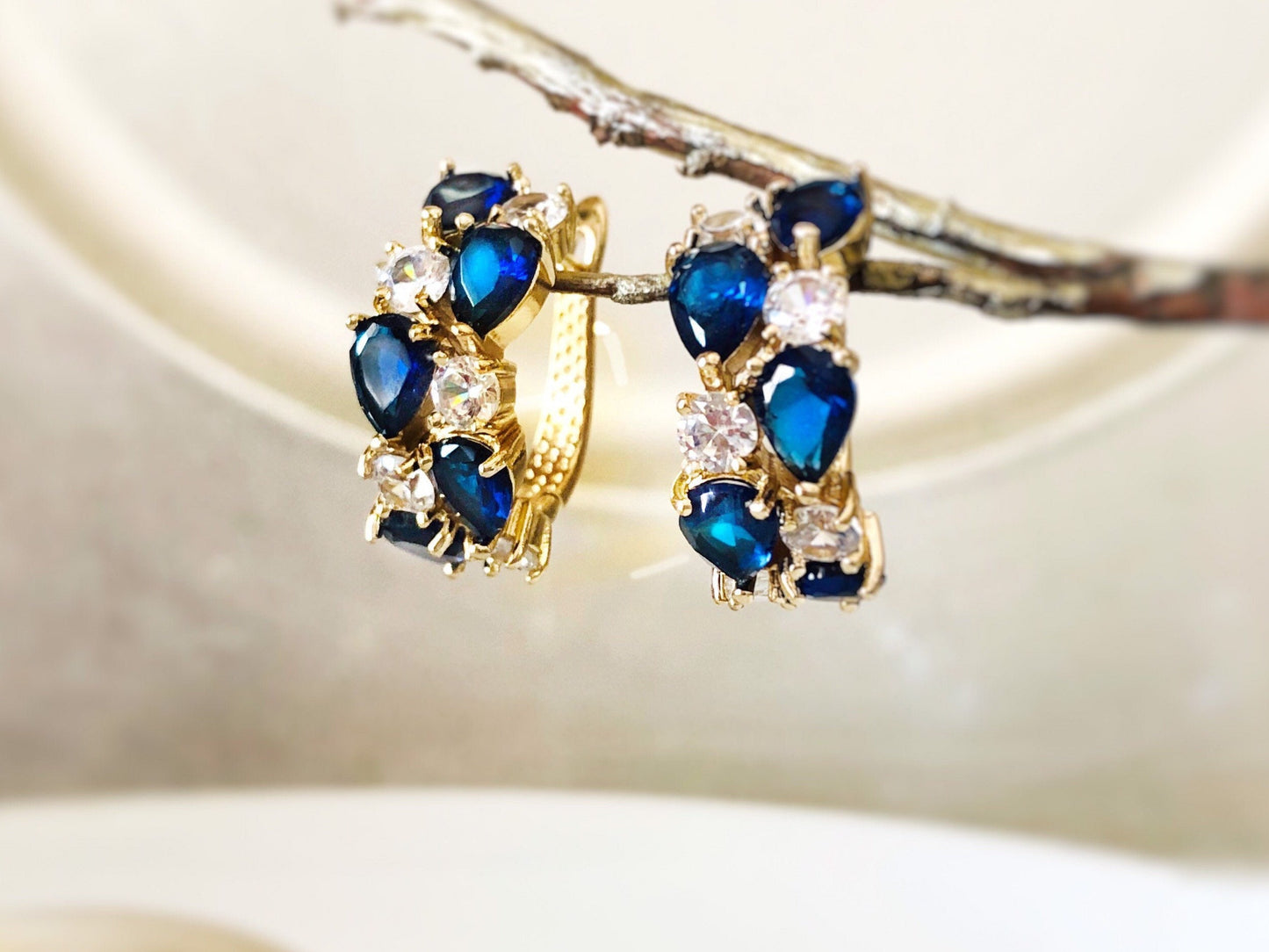 Blue white sapphire statement hoop earrings, large blue white cluster gemstone hoops, September birthstone, gift for mom, gift for her