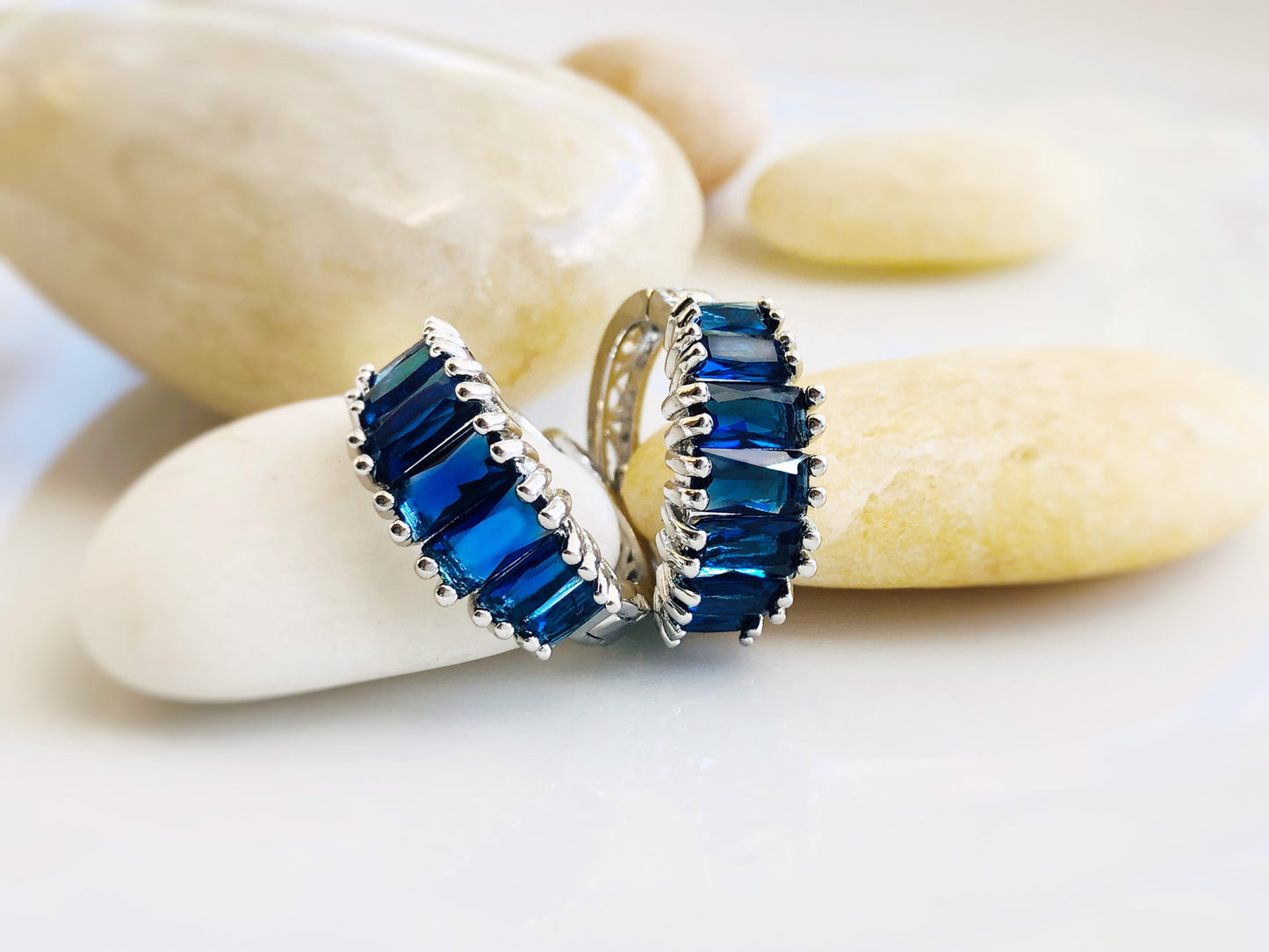 White sapphire hoop earrings, white baguette gemstone hoop, April birthstone, gift for her, gift for mom