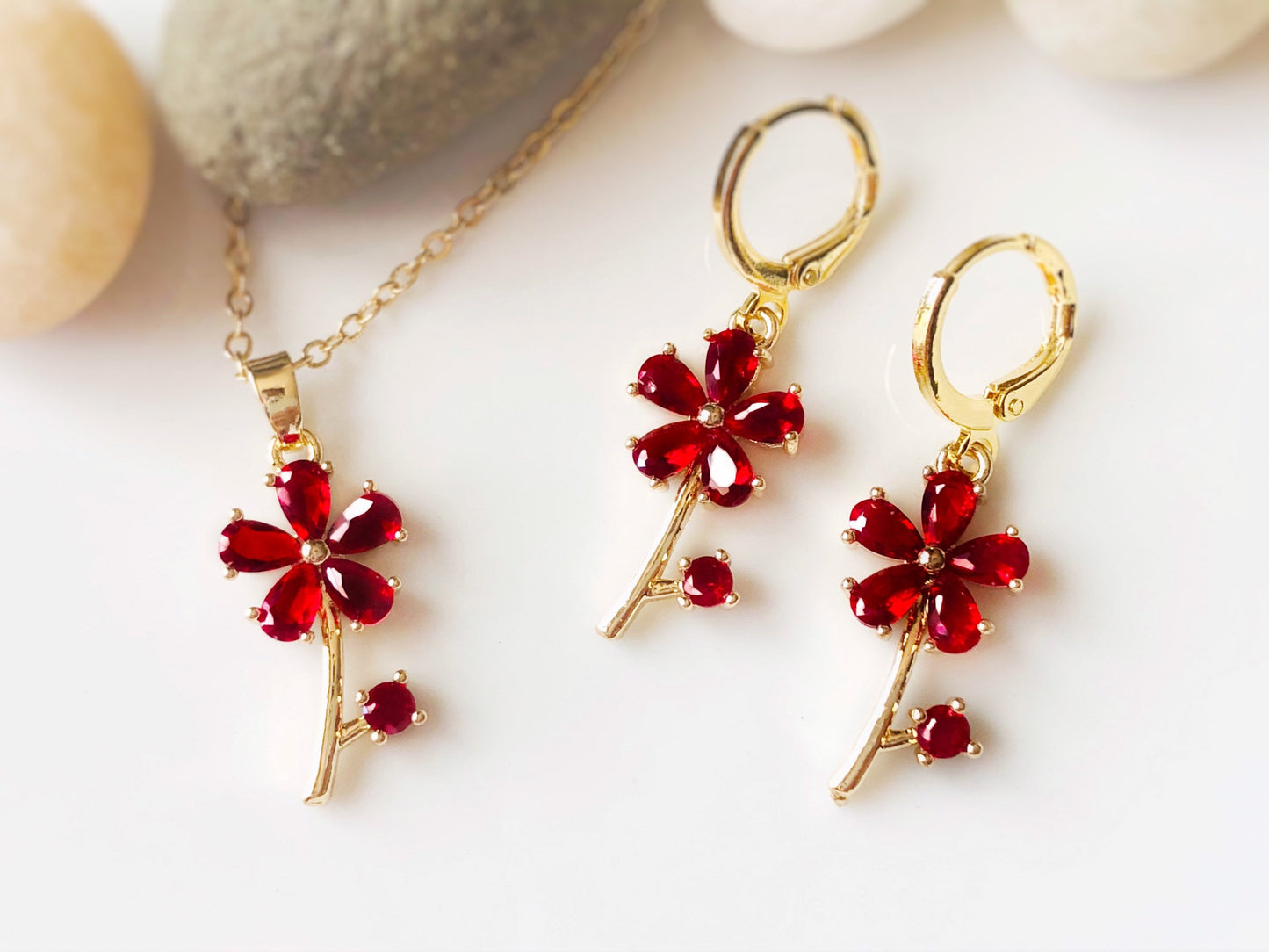 Ruby flower jewelry set in 14K gold