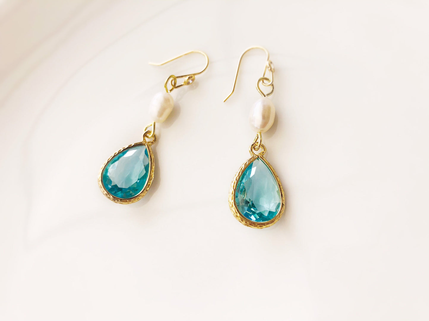 Aquamarine crystal pearl long dangle earrings in 14K gold, bridal jewelry, bridesmaid earrings, gift for her, light blue pearl earrings