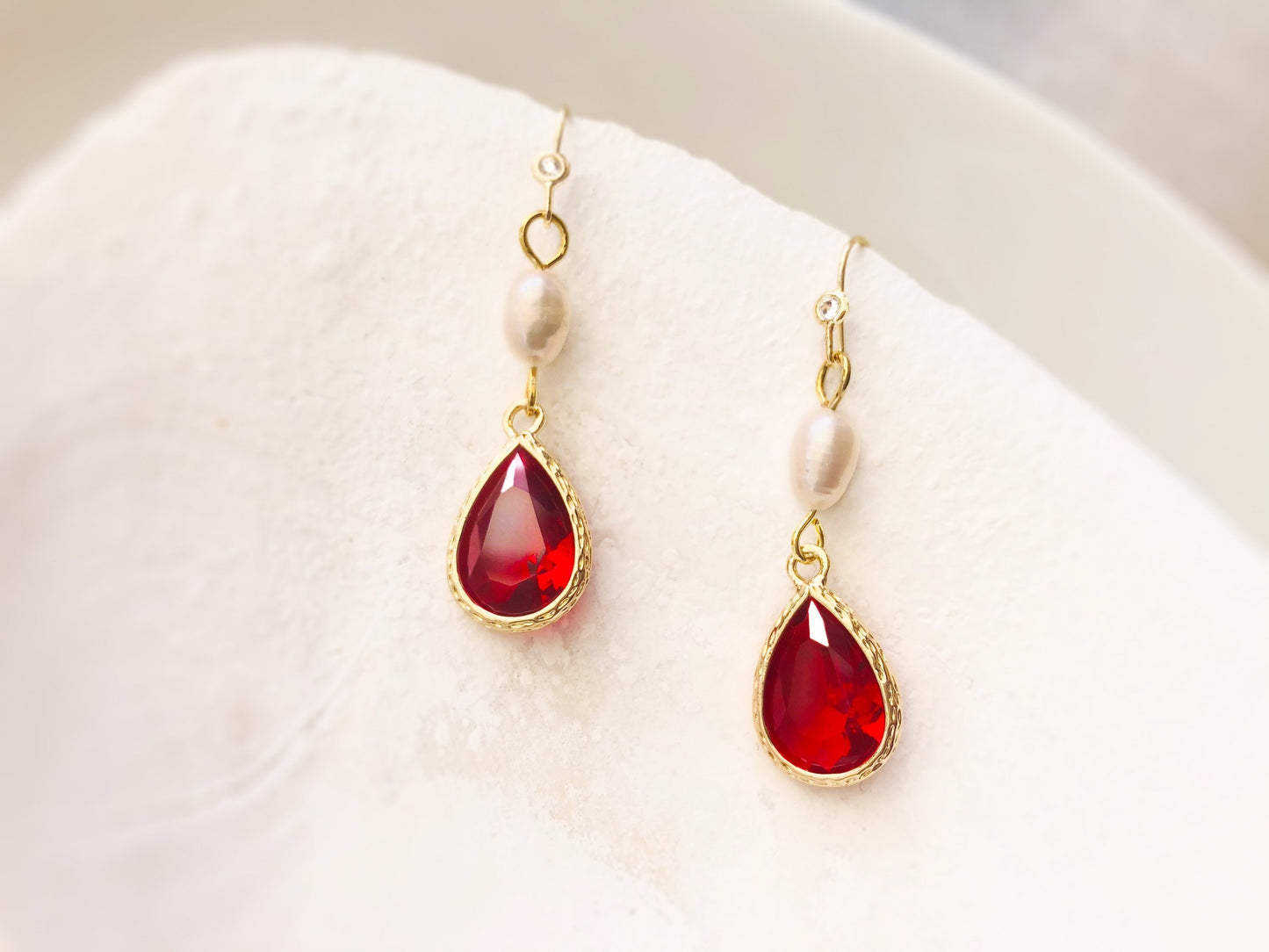 Ruby pearl long dangle earrings in 14K gold, bridal jewelry pearl, bridesmaid earrings, gift for her, red dangle earrings