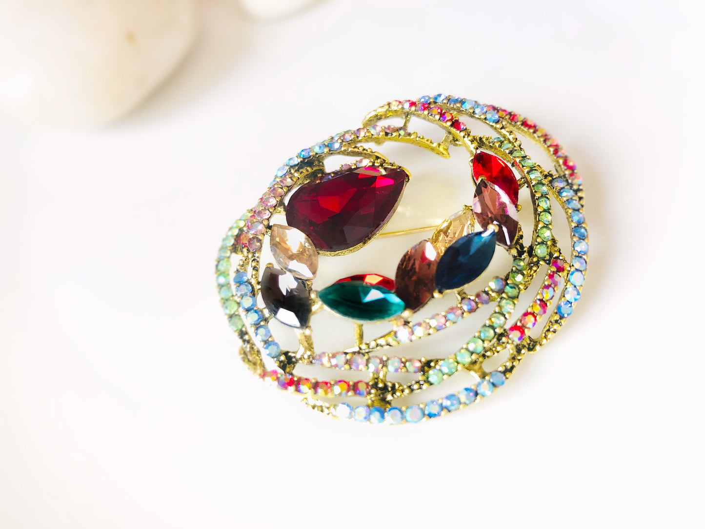 Antique gold large multi colored crystal brooch pin, rainbow crystal cluster pin, statement brooch pin, gift for her, gift for mom