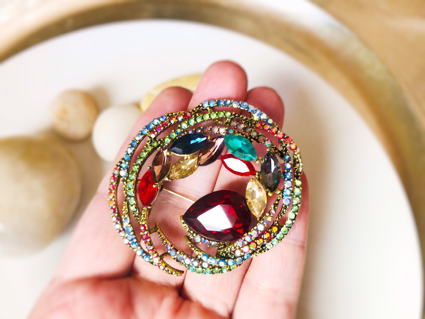 Antique gold large multi colored crystal brooch pin, rainbow crystal cluster pin, statement brooch pin, gift for her, gift for mom