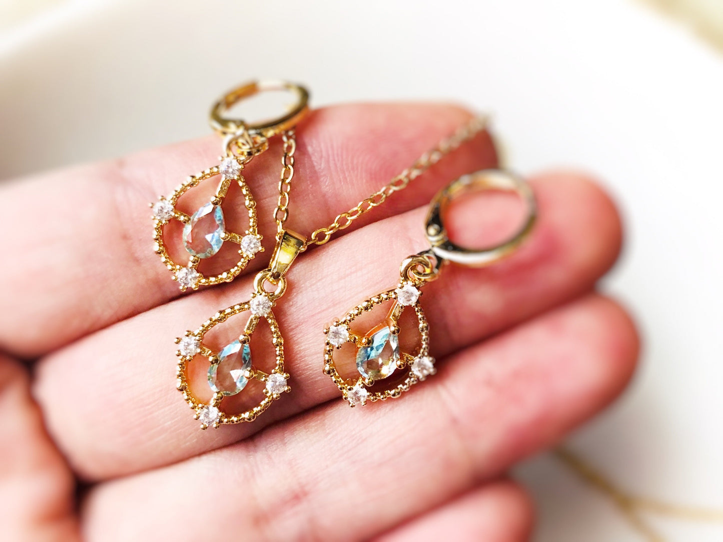 Aquamarine and white sapphire jewelry set in 14K gold filled necklace earrings set, gift for her, gift for mom, March birthstone