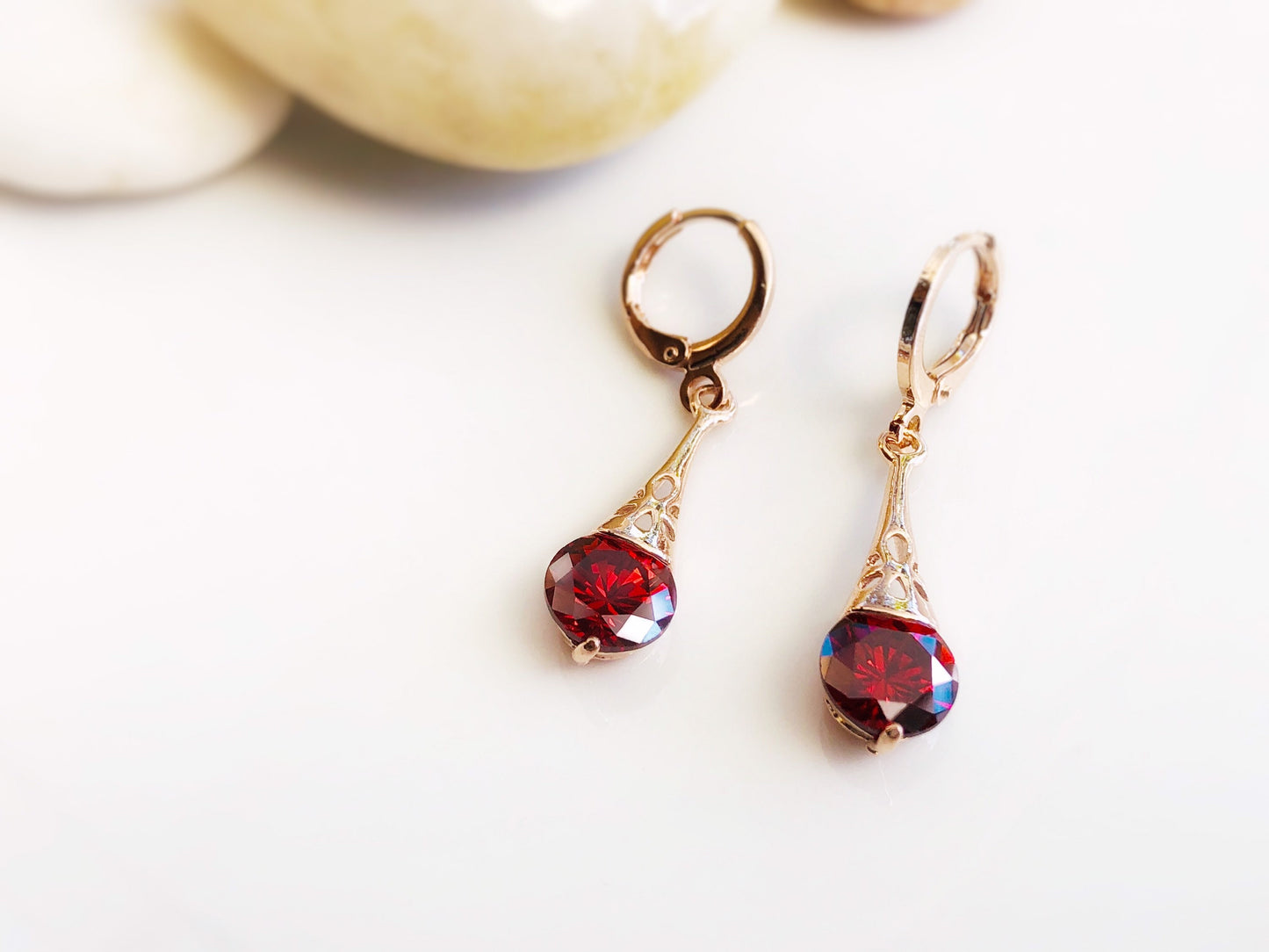 Garnet filigree dangle earrings, small dark red gemstone drop earrings, gift for her, gift for daughter, January birthstone