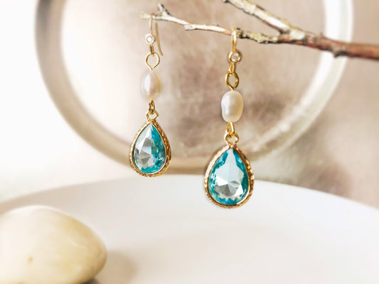 Aquamarine crystal pearl long dangle earrings in 14K gold, bridal jewelry, bridesmaid earrings, gift for her, light blue pearl earrings