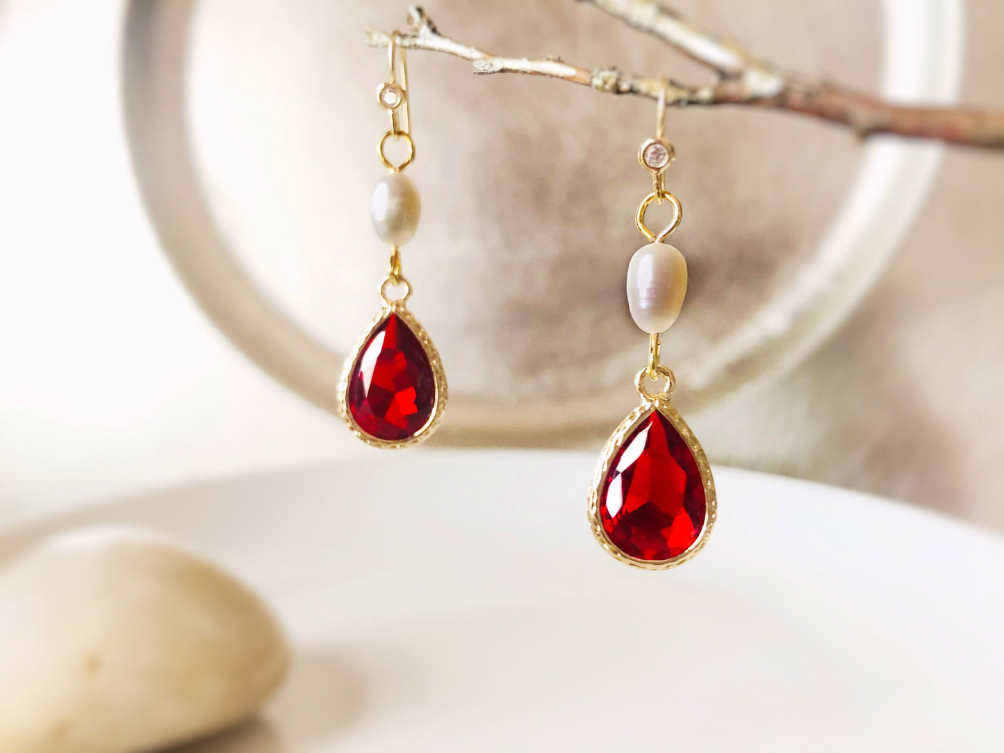 Ruby pearl long dangle earrings in 14K gold, bridal jewelry pearl, bridesmaid earrings, gift for her, red dangle earrings