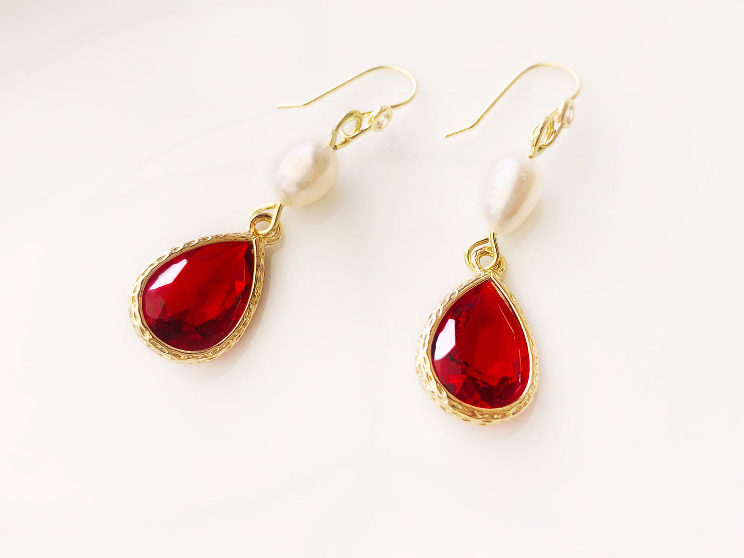 Ruby pearl long dangle earrings in 14K gold, bridal jewelry pearl, bridesmaid earrings, gift for her, red dangle earrings