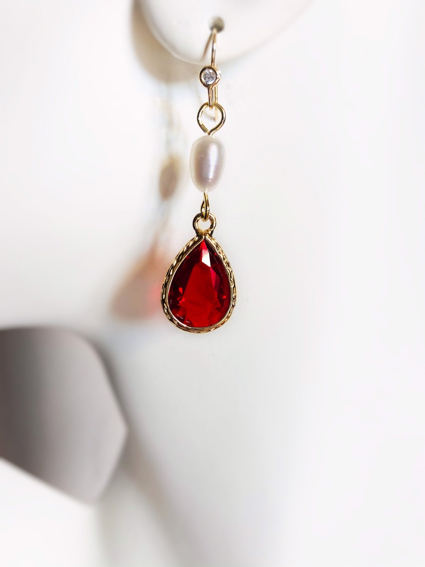 Ruby pearl long dangle earrings in 14K gold, bridal jewelry pearl, bridesmaid earrings, gift for her, red dangle earrings