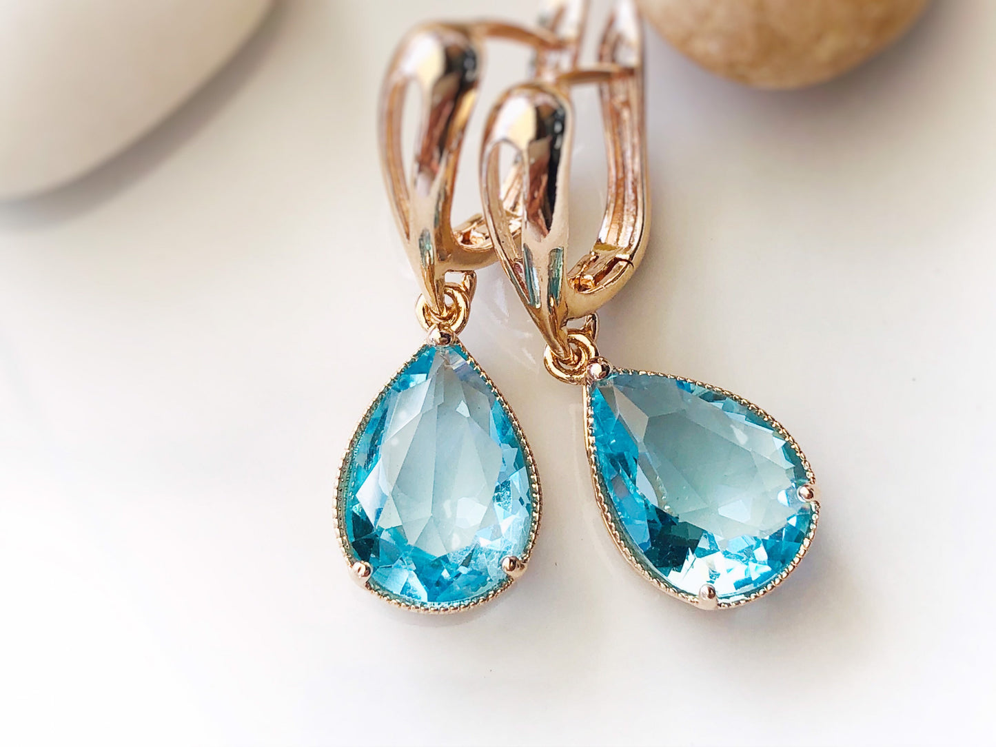Aquamarine teardrop dangle earrings, March birthstones, light blue gemstone earrings, gift for  mom, bridesmaids earrings