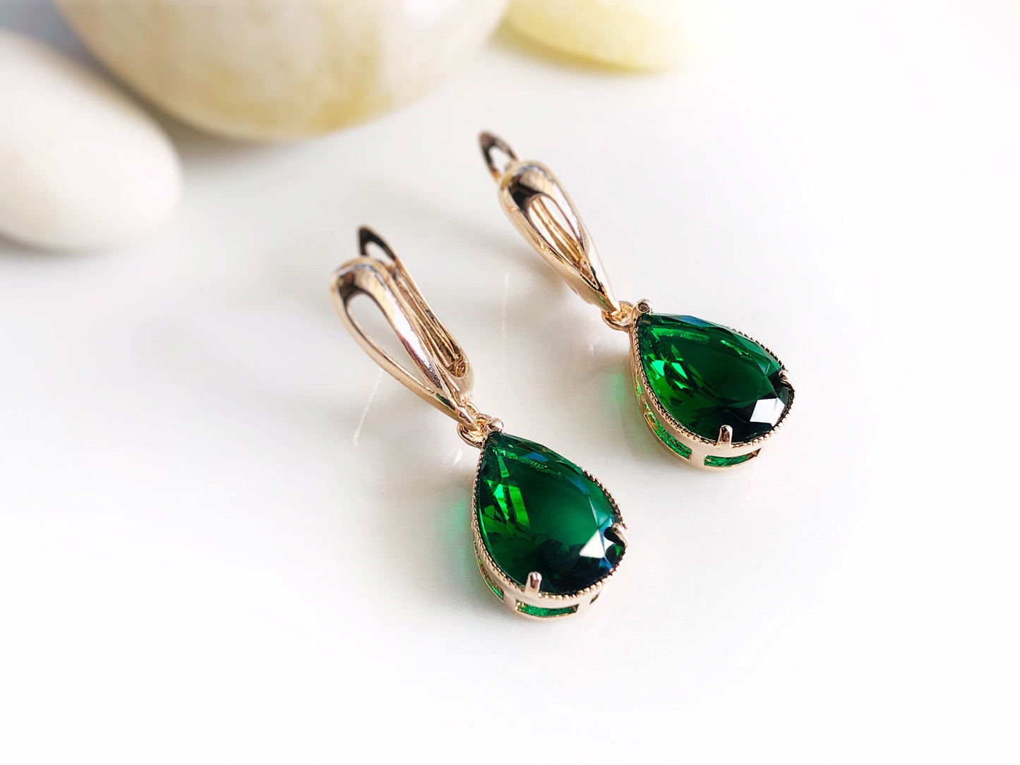 Emerald teardrop dangle earrings, May birthstones, emerald green gemstone earrings, gift for her, gift for mom, bridal earrings