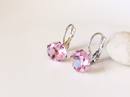 Pink sapphire solitaire lever back earrings, gift for mom, October birthstone earrings